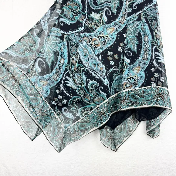 Vintage Y2K 90's Whimsigoth Fairy Asymmetric Hem Paisley Midi Skirt Teal Sz PXS
