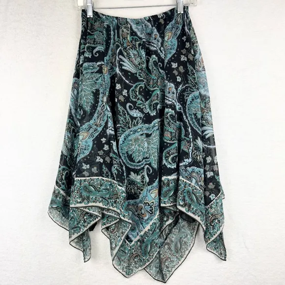 Vintage Y2K 90's Whimsigoth Fairy Asymmetric Hem Paisley Midi Skirt Teal Sz PXS