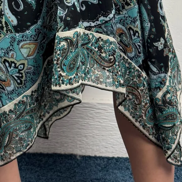Vintage Y2K 90's Whimsigoth Fairy Asymmetric Hem Paisley Midi Skirt Teal Sz PXS