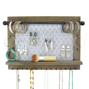 Wall Necklace Holder and Jewelry Organizer. Large rustic hanging display includes bracelet bar, earrings grid, 18 hooks, and shelf. Perfect gift for bridal shower, women, girls, or dorm room!