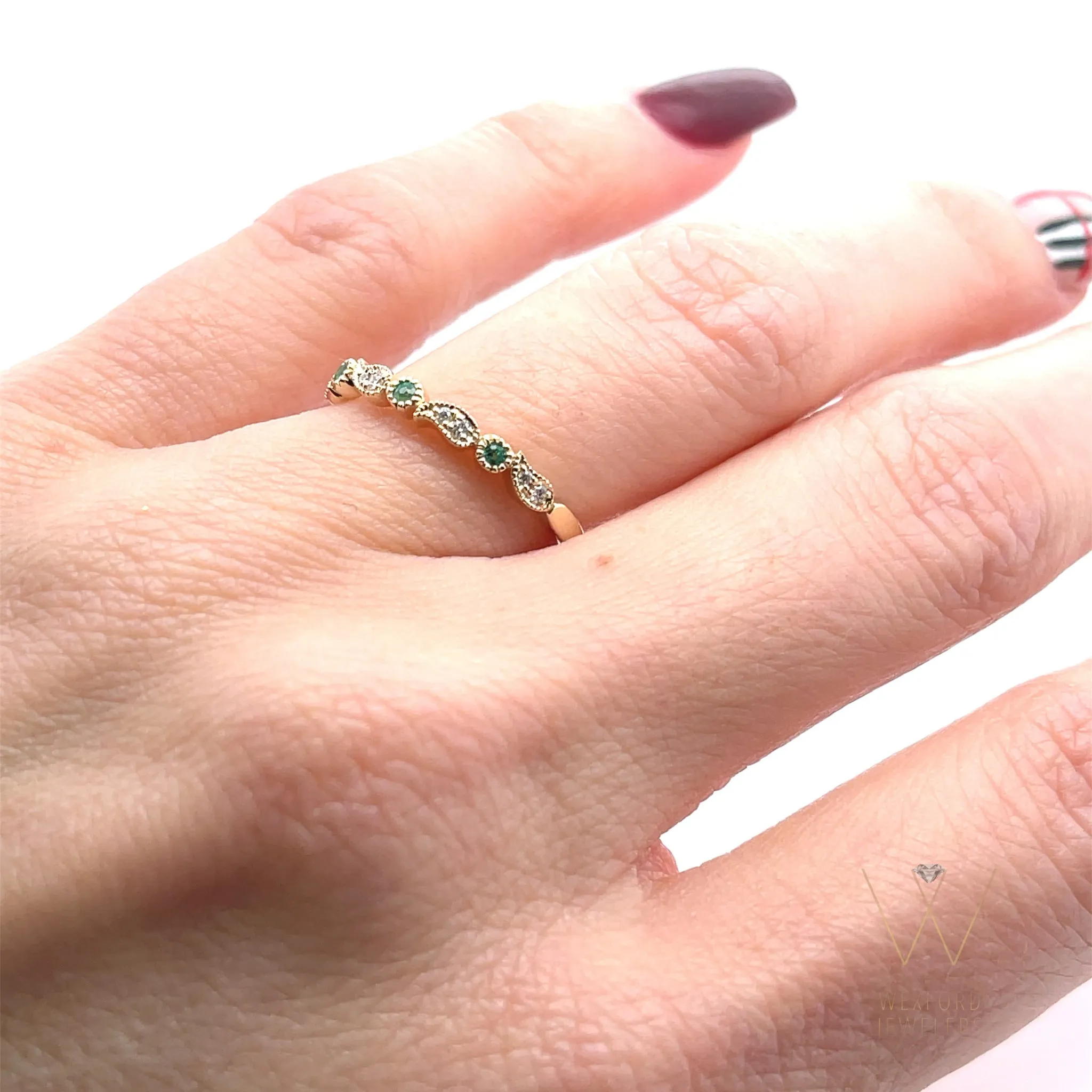 Yellow Gold Emerald Diamond Ring, Dot and Paisley