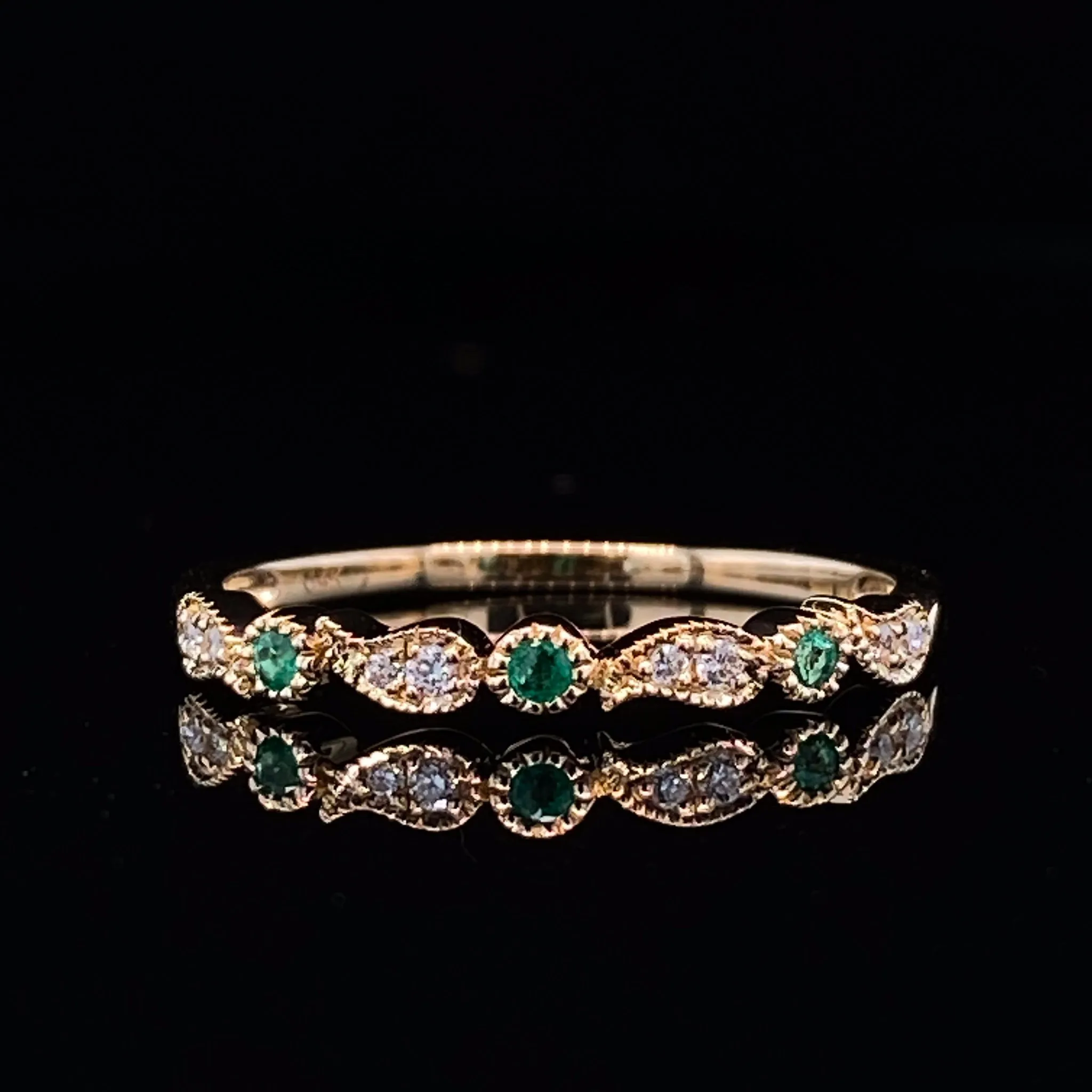 Yellow Gold Emerald Diamond Ring, Dot and Paisley