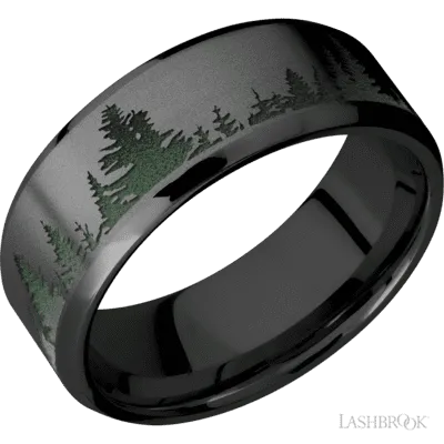 Zirconium band with laser carved trees pattern